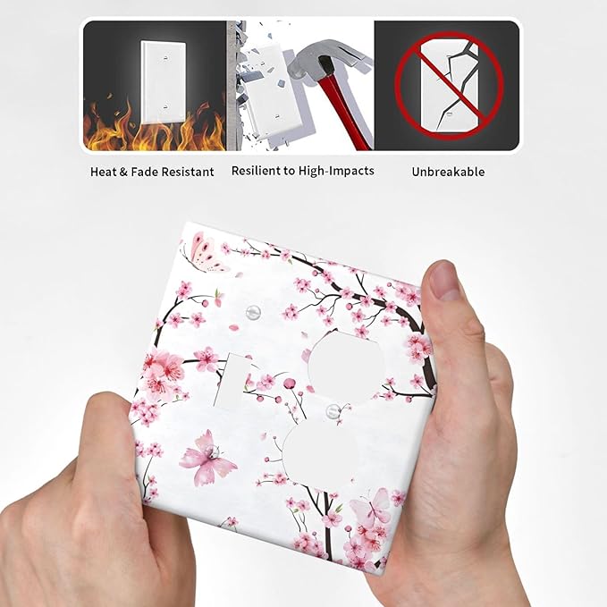 Cherry Floral Watercolor Pink Flowers Butterfly Wallplates 1 Toggle 1 Duplex Switch Plate Electrical GFCI Faceplate Decorative Light Switch Covers for Bed Room Living Room Decor