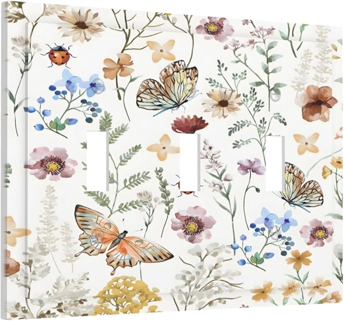 Boho Multicolor Flower Butterfly Insect Floral Decorative Switch Plates 3 Gang Wall Plate Triple Toggle Light Switch Cover Faceplate Electrical Wall Panels for Bedroom Living Room Decor