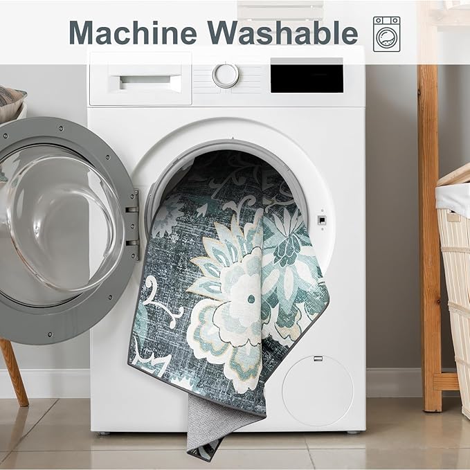 Beeiva Floral 3x5 Machine Washable Area Rugs, Vintage Rug for Entryway with Rubber Backing Paisley Blue, Ultra Thin Bathroom Carpet for Living Bedroom Kitchen