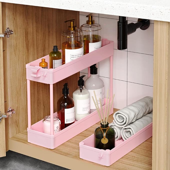 SPACEKEEPER Slim Rolling Storage Cart, 3 Tier Bathroom Organizer Utility Cart Laundry Room Organization Mobile Shelving Unit for Kitchen, Bathroom, Office, Bedroom, Narrow Places, Pink