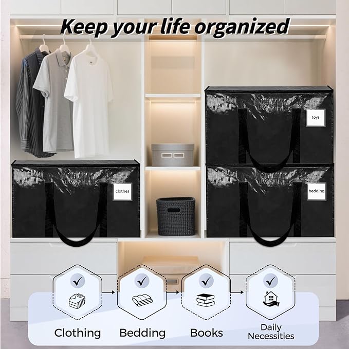 8 Pack Extra Large Heavy Duty Moving Bags, Black Storage Bins with Lids, Reinforced Handles & Heavy-Duty Zippers Moving Boxes Storage Bags Totes for Clothes Packing, Dorms, College Supplies, Black