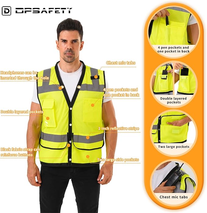 Reflective Safety vest With back plan pocket,High visibility Class 2 Heavy Duty Surveyor Vest,Hi Vis Vest ANSI/ISEA Standard, Construction Work Vest for Men＆Women(Lime-Button,2XL)