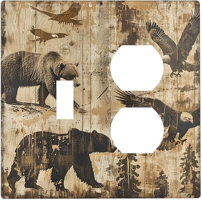 Wallplates Vintage Cabin Wildlife Animal Bear Eagle Forest 1 Toggle 1 Duplex Switch Plate Electrical GFCI Faceplate Decorative Light Switch Covers for Farmhouse Bedroom Decor