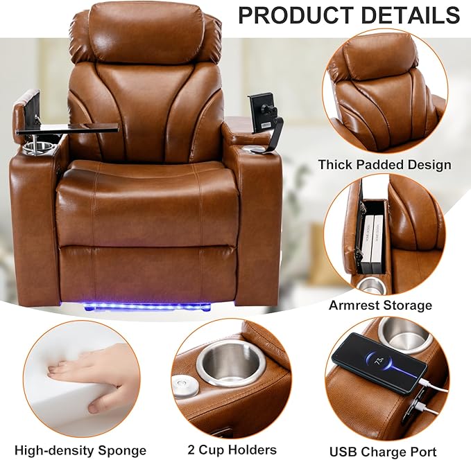 Zero Wall Power Recliner with Bluetooth Speaker & USB Ports - Home Theater Electric Recliner Chair with Cup Holder, Arm Storage, LED Lights, Phone Holder & Removable Tray Table