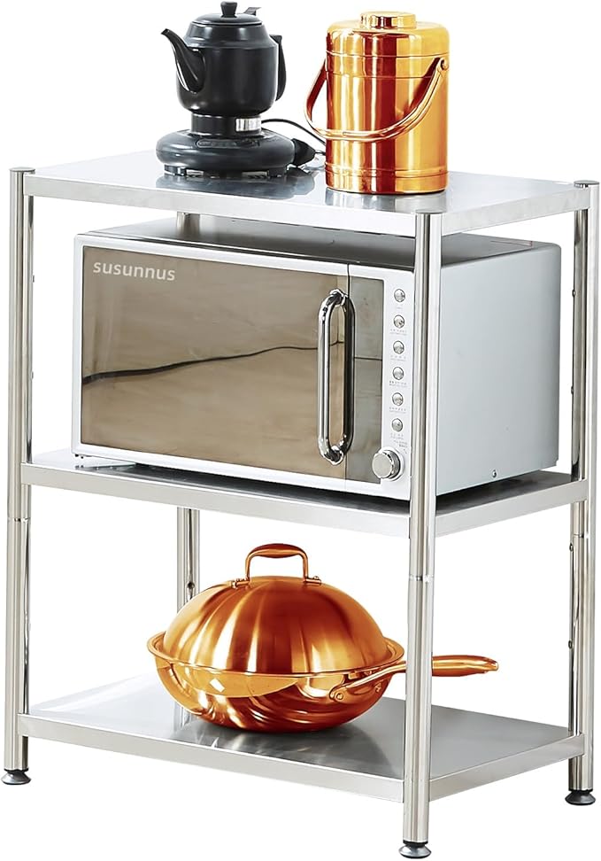 susunnus 3-Tier Stainless Steel Shelf, Heavy Duty Shelving for Kitchen, Garage, Industrial Storage, Kitchen Shelves Adjustable Feet, Easy to Clean(3T-24.8in*15.8in(Without guardrails))