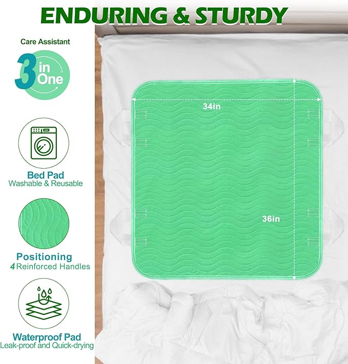 Positioning Bed Pad with Handles - Quick Drying Bed Pads with 8 Reinforced Handles, Washable Waterproof Reusable Pads for Elderly, Bedridden, Turning, Lifting, Transferring 34" × 36"