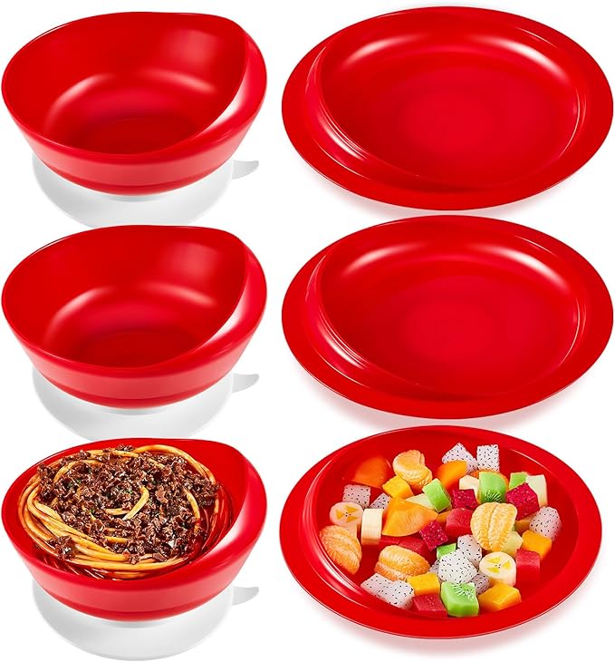 Hushee Adaptive Spill Proof Scoop Bowl and Plate Set with Suction Base Non Skid Self Feed Dinnerware for Elderly Disabled Handicapped from Parkinsons, Dementia, Stroke, Tremor(3 Sets,Red)
