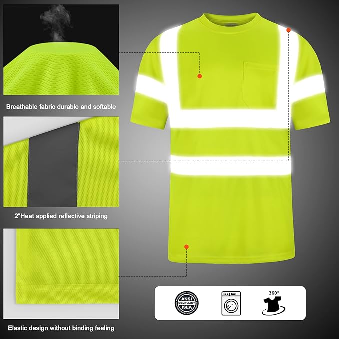 High Visibility Class 3 T Shirts，Hi Vis Safety Shirts with Reflective Strips and Pocket, Short Sleeve Quick Dry Mesh Construction Work Shirt for Men/Women Lime,6XL