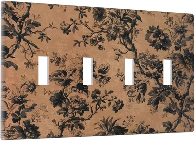 Decorative Switch Plate Covers Vintage Floral Botanical Brown Background 4 Gang Light Switch Cover Plate Quad Toggle Wall Plate Light Switch Covers for Bathroom Bedroom Decor