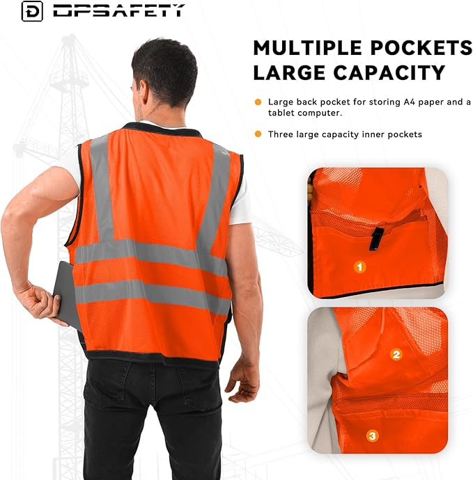 Reflective Safety Vest With Back Plan Pocket - High Visibility Class 2 Heavy Duty Surveyor With Zipper - ANSI/ISEA Standard Construction Work for Men & Women (Orange, 3XL)