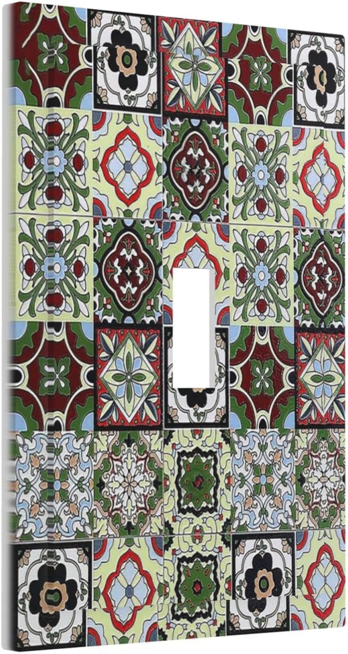 Decorative Light Switch Cover Talavera Tile Decal 1 Gang Single Toggle Device Electrical Faceplate Switchplates Decorator Outlet Wall Plate for Bedroom Bathroom Decor