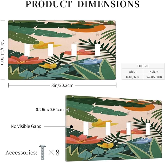 Light Switch Covers Boho Tropical Plant Floral Pattern Quad Toggle Electrical Faceplate 4 Gang Wall Plate Decorative Switch Plates for Bedroom Cabin Decor