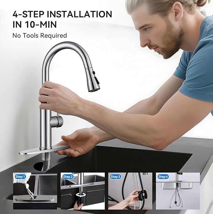 Kitchen Faucet with Pull Down Sprayer, Chrome Faucet for Kitchen Sink Stainless Steel Kitchen Faucets, Single Handle 1 or 3 Hole Faucet with Escutcheon for RV, Outdoor, Laundry & Utility Room Sink