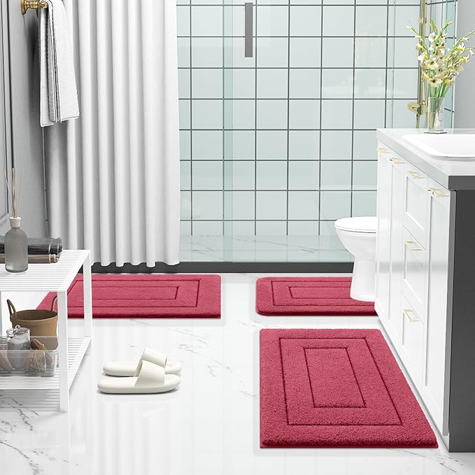 Buganda Bathroom Rugs, 47" x 24", Soft and Absorbent Microfiber Bath Rugs, Non-Slip Shaggy Shower Carpet, Machine Wash Dry Bath Mats for Bathroom Floor, Tub and Shower, Burgundy