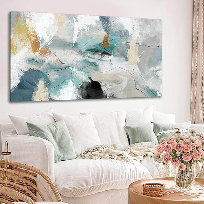 SOUGUAN Abstract Canvas Wall Art Black Line Painting Green Graffiti Posters Minimalist Room Decor Colorful Wall Prints for Office Bedroom 20x40 Inch