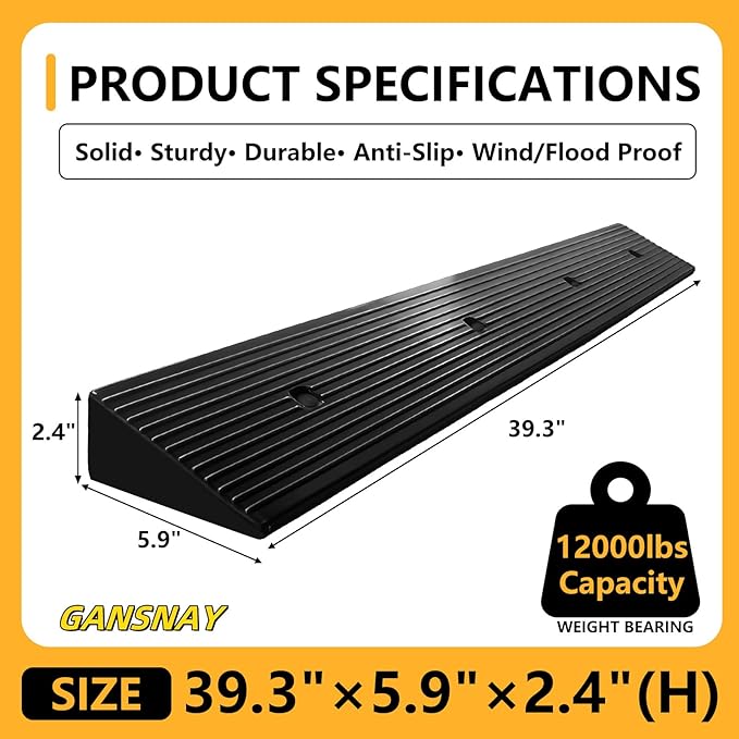 2.4" Rise Rubber Ramp Threshold Ramps with Pre-Set Holes& Plugs, Longer Size 12000lbs Capacity, Non-Slip& Cuttable- for Doorways, Driveways, Warehouse, Patio, Shed- 2.4" Rise(39.3"×5.9")