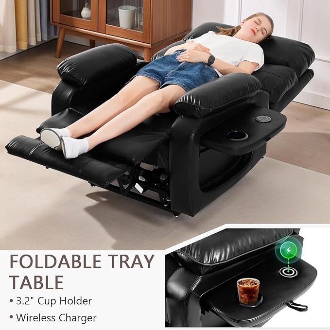 Dual Motor Power Lift Recliner Chair for Adult & Elderly, Infinite Position Lay Flat Lift Chair with Heat & Massage, Cup Holder, Lumbar Pillow, Wireless Charger, USB Ports, Leather (Black)