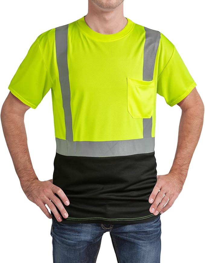 High Visibility Shirts Quick Dry Safety T Shirts with Reflective Strips and Pocket Short Sleeve Mesh Hi Vis Construction Work Class 2 Shirt for Men/Women Black Bottom Lime,Large