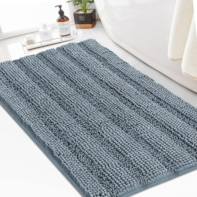 Turquoize Chenille Bath Rugs Shaggy Non Slip Bath Mat 24 x 36 Stone Blue Bath Rug Extra Soft and Absorbent Area Rug, 24"x 36", Stone Blue