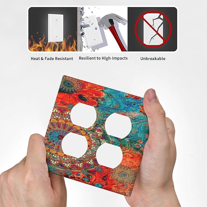 Decorative Light Switch Cover Plate Abstract Ombre Colorful Indian Mandala 2 Gang Socket Covers Double Duplex Wallplates Switch Plates and Outlet Covers for Bedroom Bathroom Decor