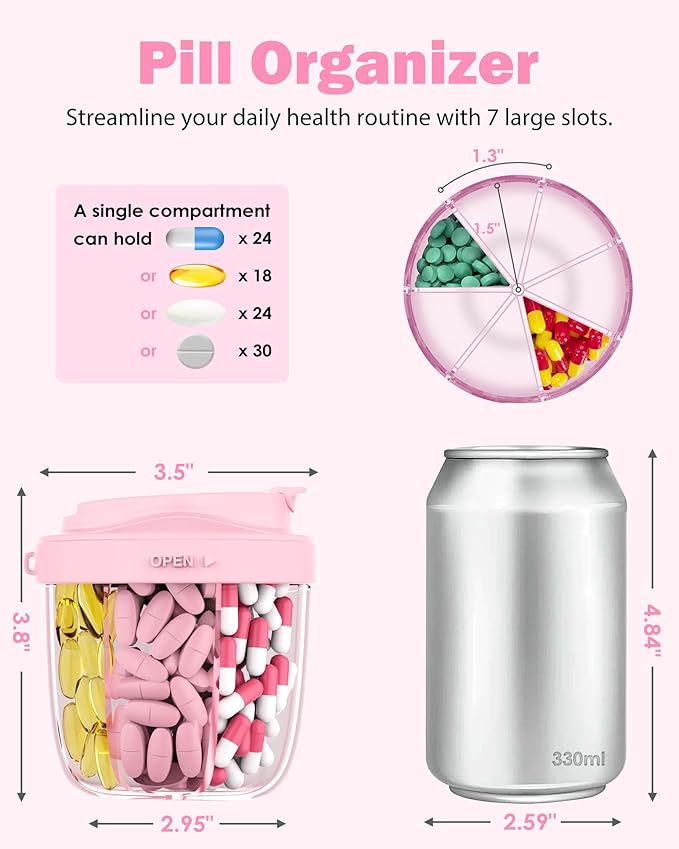 Cute Pill Organizer,Pill Dispenser with 7 Large Compartments,Portable Pill Bottle Box with Wide Opening for Easy Use, Anti-Mix Pills Organizer for Travel,Includes 20 Pcs Sticky Labels（Pink）
