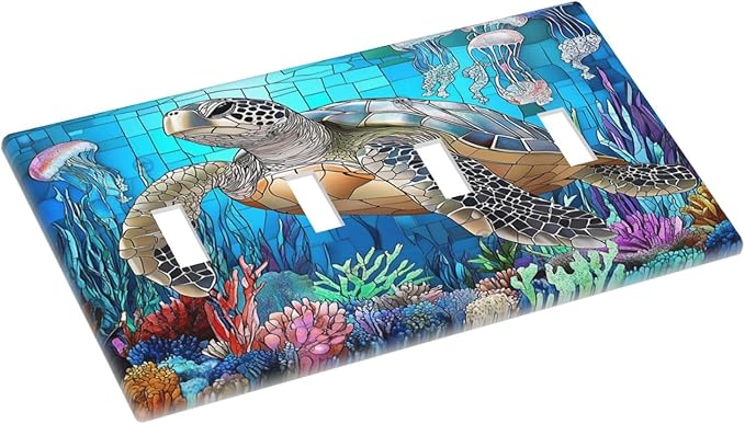 Light Switch Covers Nautical Sea Turtle Coral Jellyfish Quad Toggle Electrical Faceplate 4 Gang Wall Plate Decorative Switch Plates For Kids Room Nursery Decor