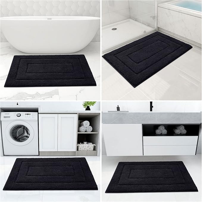 Buganda Bathroom Rugs, 30" x 20", Soft and Absorbent Microfiber Bath Rugs, Non-Slip Shaggy Shower Carpet, Machine Wash Dry Bath Mats for Bathroom Floor, Tub and Shower, Black