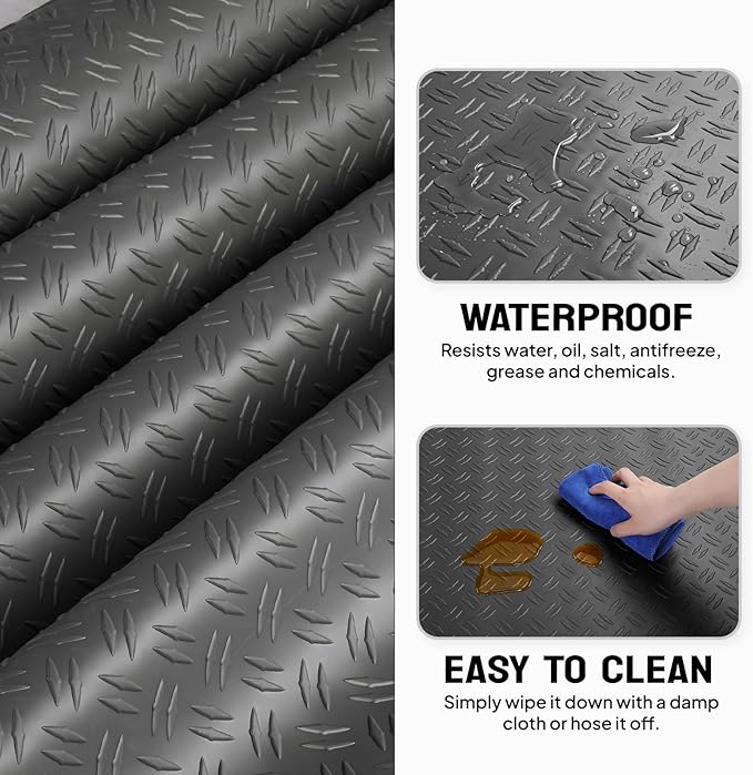 Bonnlo 7.5 X 17 FT Garage Floor Mat,Thickened Double Diamond Plate Garage Floor Covering, PVC Garage Flooring Roll for Under Car,Garage, Warehouse, Gyms, Trailer