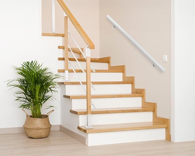 Meranti Aluminum Handrail for Indoor or Outdoor Steps and Stairs – Hand Rails for Elderly – DIY Complete Stair Railing Kit (AHR, Glossy White, 5' Length)