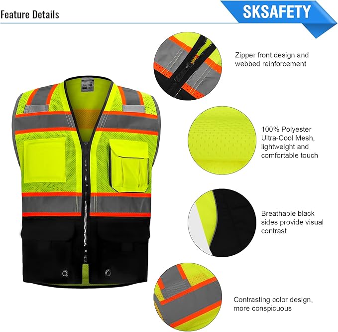 SKSAFETY 10 Pockets Professional level Safety Vest, Class 2 High Visibility Security Vest with Zipper, Hi Vis Vest with Reflective Strips, ANSI/ISEA Standard, Construction Work Vest（Lime Black, 3XL）