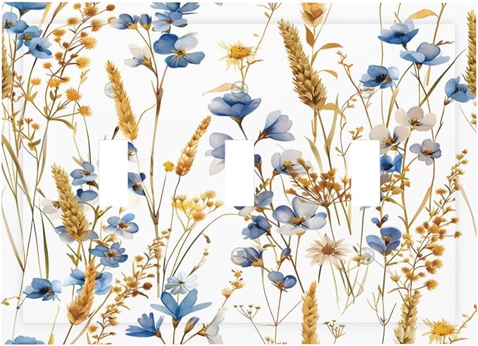 Vintage Wildflower Blue Gold Country Fall Wheat Floral Decorative Switch Plates 3 Gang Wall Plate Triple Toggle Light Switch Cover Faceplate Electrical Wall Panels for Bedroom Living Room Decor
