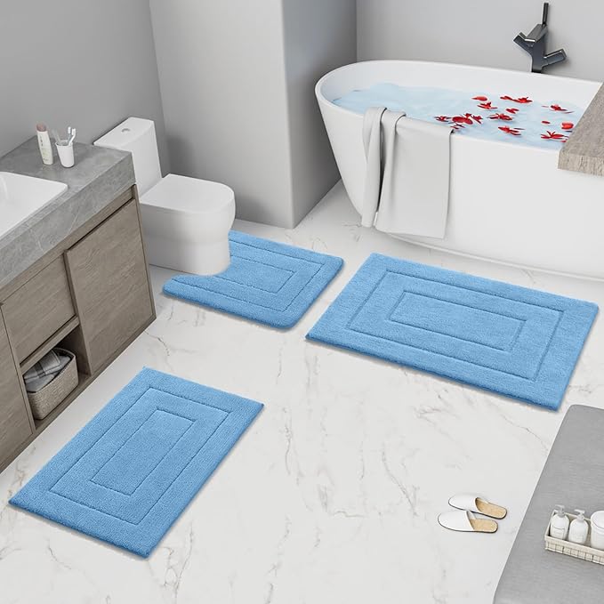 Buganda Bathroom Rugs, 47" x 24", Soft and Absorbent Microfiber Bath Rugs, Non-Slip Shaggy Shower Carpet, Machine Wash Dry Bath Mats for Bathroom Floor, Tub and Shower, Blue