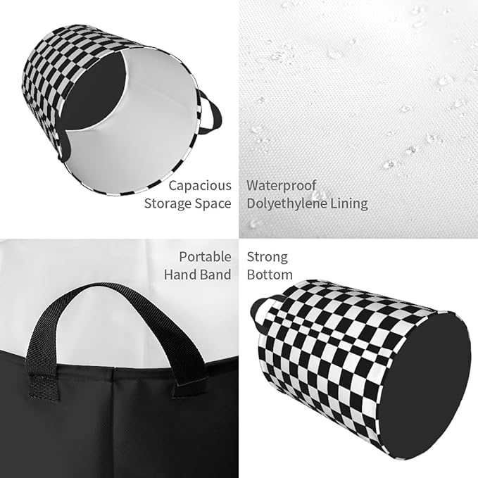 Laundry Basket Black And White Checkered Collapsible,63L Dirty Clothes Basket Durable Lightweight Hamper With Handles Ideal For Clothes,Toys Home Organization size19.6"L x 15.7"W
