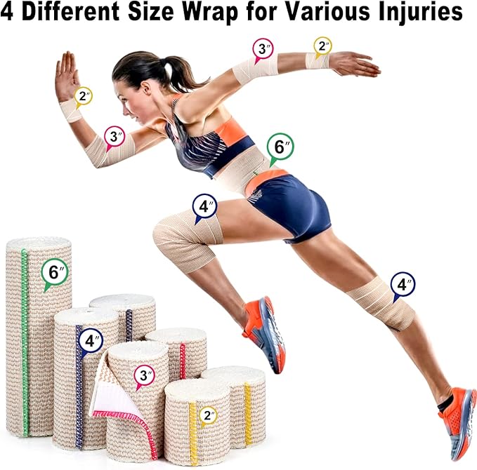 FRESINIDER Premium Elastic Bandage Wrap, 6 Pack (2x2, 2x4, 2x6) Cotton Compression Bandage with Touch Closure at Both Ends, Support & First Aid, Medical, and Injury Recovery