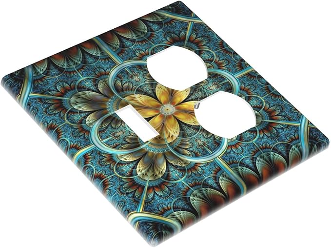 Decorative Light Switch Cover Plate Boho Fractal Mandala Bohemia 2 Gang Outlet Covers 1 Toggle 1 Duplex Wall Plate Decorate Electrical Switch Plate Covers for Bedroom Home Decor