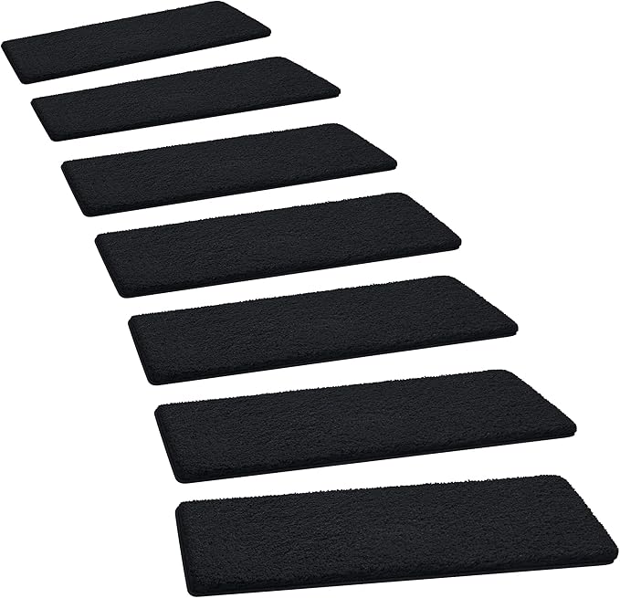 PURE ERA Carpet Stair Treads Ultra Plush 8 x 30 inch Soft Indoor Stair Protectors Pet-Friendly Non-Slip Skid Resistant Tape Free Washable Reusable(7 Pieces,Black)