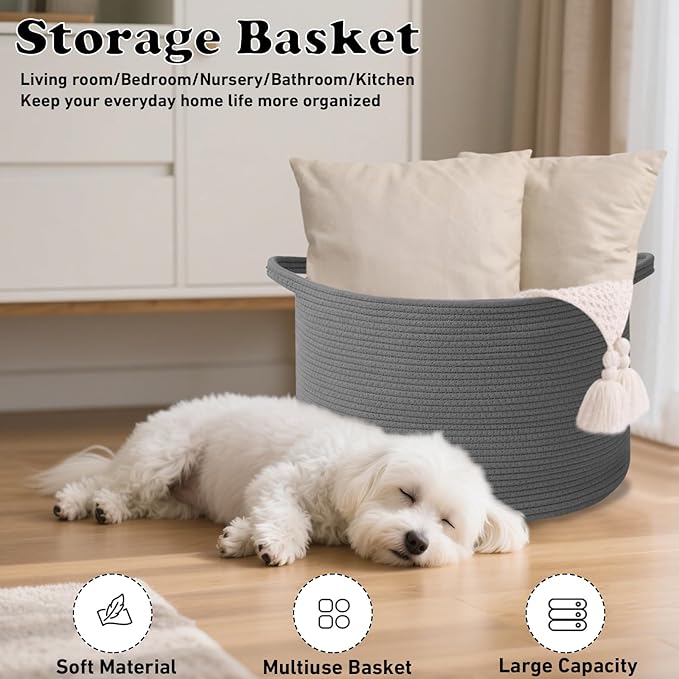 Large Storage Basket with Handle,23.6" x 23.6" x 15.7" Blanket Basket Storage Bins for Organizing,65L Cotton Rope Woven Baskets for Living Room, Nursery ,Bedroom,Dark Gry
