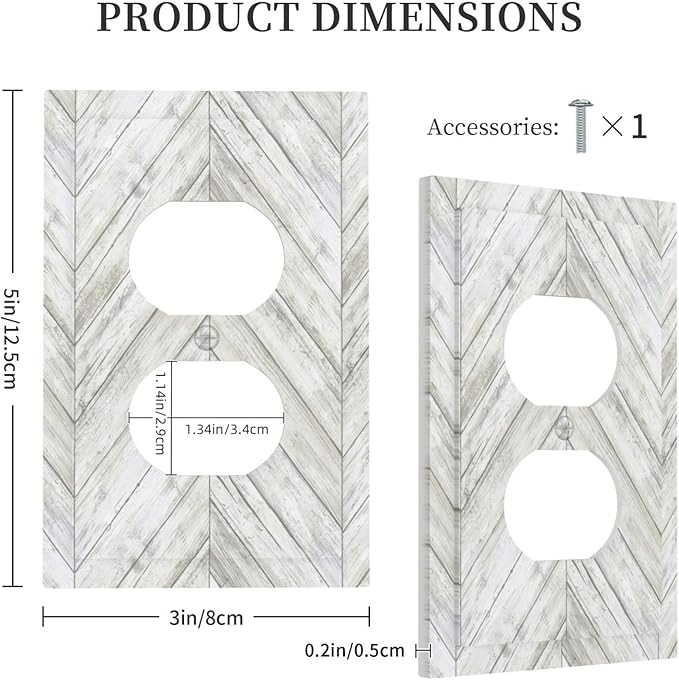 Rustic White Gray Herringbone Wood 1 Gang Outlet Plate Covers Decorative Single Duplex Wall Plate Vintage Country Electrical Faceplate Light Switch Cover Switchplate for Farmhouse Living Room Decor