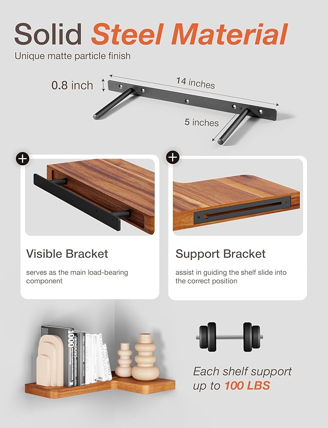 BATODA Acacia Wood Corner Floating Shelves 17" x 12"– Corner Shelf Wall Mounted - Floating Book Shelves for Wall - Brackets and Shelving Hardware Included for Kitchen, Living Room, Bathroom (Set 2)