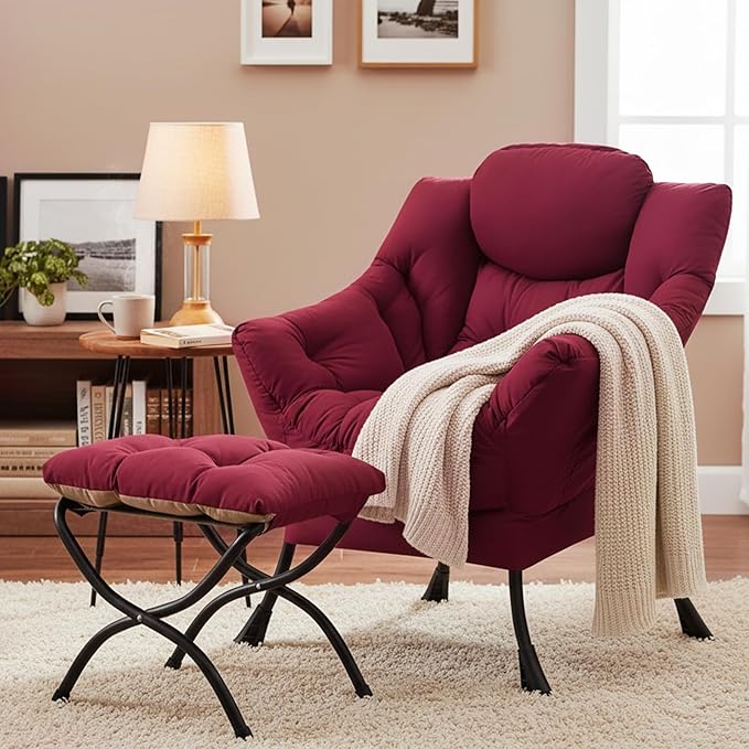 Lazy Chair with Ottoman, Modern Chair with Folding Footrest, Lounge Accent Chair, Comfortable Reading Chair (Burgundy)