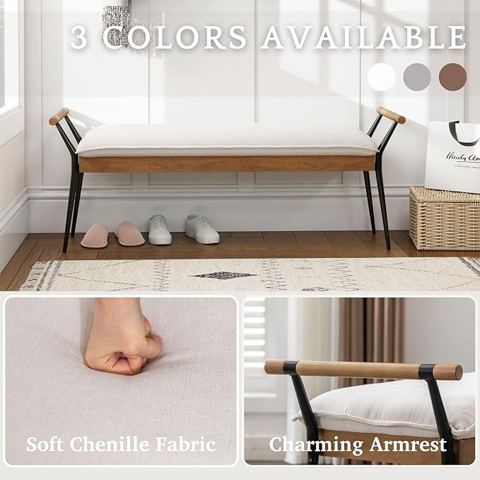LukeAlon Modern Chenille Entryway Bench, Upholstered End of Bed Bench with Arms Classic Bedroom Ottoman Bench with Metal Legs Elegant Footstool for Entrance Living Room, White