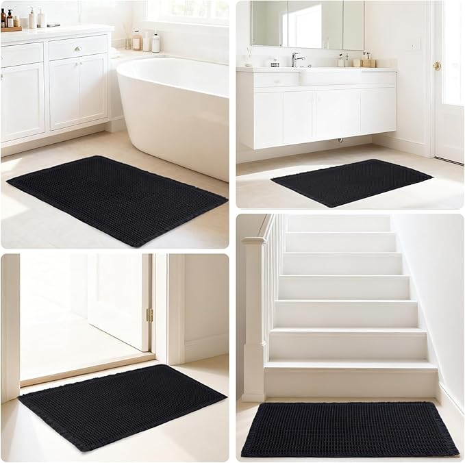 Hiasan Waffle Bath Mat, Super Absorbent Non Slip Bathroom Boho Rug with Tassels, Machine Washable Bath Mats for Bathroom, Ultra Soft Rubber Backed Rug, Black, 24 x 60 Inches