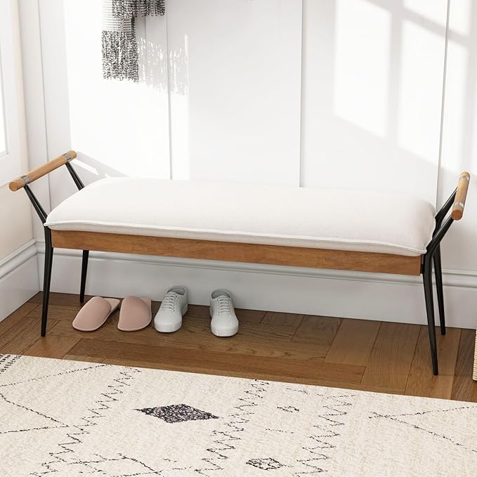 LukeAlon Modern Chenille Entryway Bench, Upholstered End of Bed Bench with Arms Classic Bedroom Ottoman Bench with Metal Legs Elegant Footstool for Entrance Living Room, White