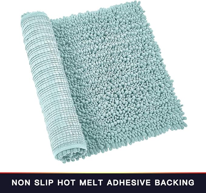 Walensee Bathroom Rug 2 Pieces Set Non Slip Bath Mat (20"x32" Plus 20"x32" spa Blue) Water Absorbent Super Soft Shaggy Chenille Machine Washable Dry Extra Thick Perfect Carpet for Shower Floor