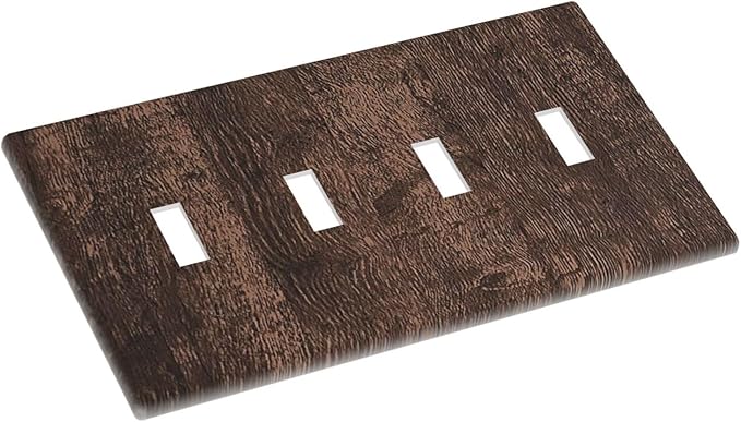 Light Switch Covers Rustic Dark Brown Wood Grain Quad Toggle Electrical Faceplate 4 Gang Wall Plate Decorative Switch Plates for Farmhouse Bedroom Decor