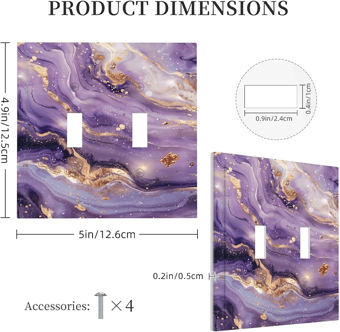 Luxury Marble Texture Purple And Gold Abstract Print Decorative Switch Plates 2 Gang Double Toggle Outlet Light Switch Cover Wall Plate Electrical Faceplate for Bathroom Home Decor