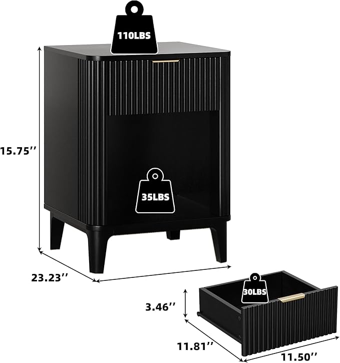 Mid Century Modern Night Stand Set of 2, Large Bedside Table Set of 2 with Drawer and Storage Shelf, Fluted Nightstands Rustic Wood End Table for Living Room Black
