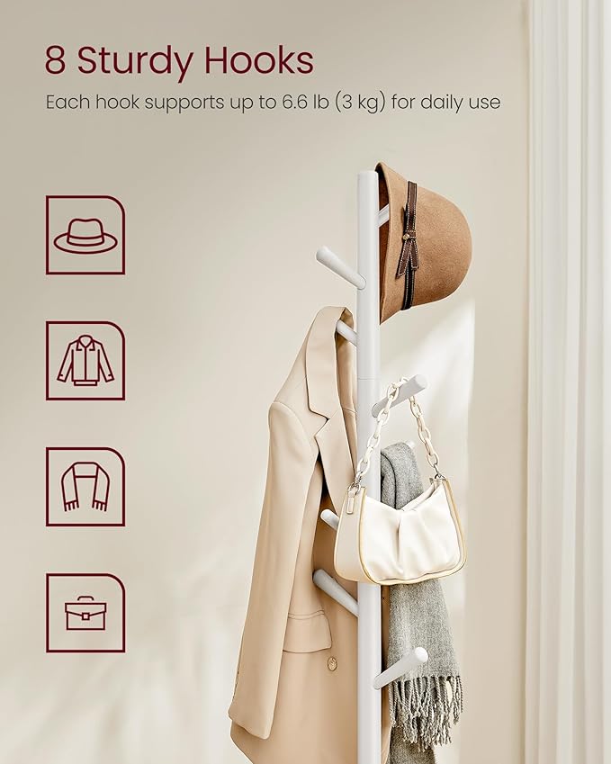 VASAGLE Solid Wood Coat Rack, Free Standing Hall Coat Tree with 8 Hooks, 3 Height Options, for Coats, Hats, Bags, Purses, for Entryway, Hallway, Rubberwood Hooks and Pole, Cloud White URCR010W02