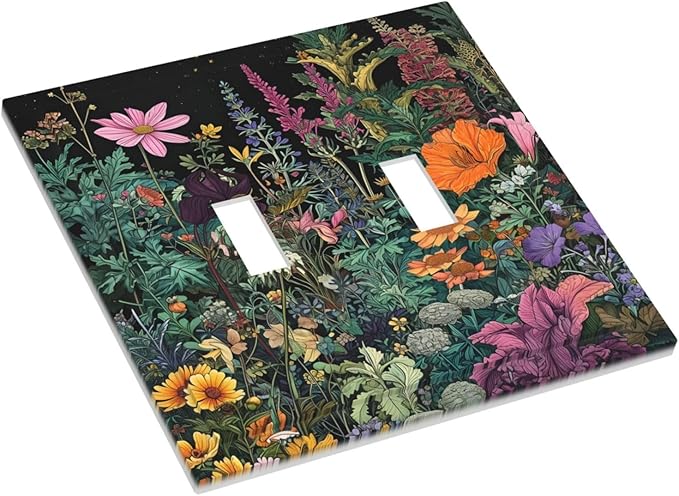 Decorative Light Switch Cover Plate Colorful Floral Dark Sky Wildflower Plants 2 Gang Switch Plate Covers Double Toggle Wall Plate Dual Device Faceplate for Bathroom Decor