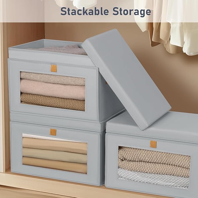 DIMJ Storage Bins with Lids - 5 Pack Large Fabric Closet Organizer with Window & Handles, Collapsible Decorative Storage Boxes for Shelves Under Bed, Books Clothes Blankets Sweaters Organization